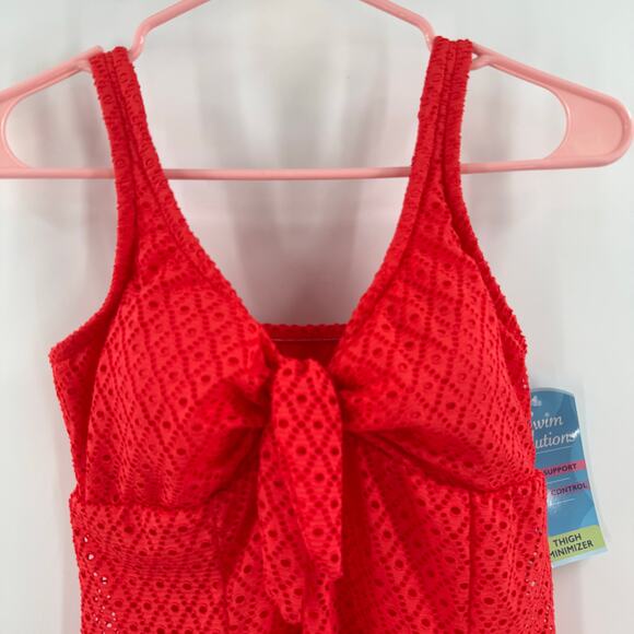 Swim Solutions Swim Dress Size 12 Bow Front Tummy Control Swimsuit Orange NWT - Picture 8 of 16